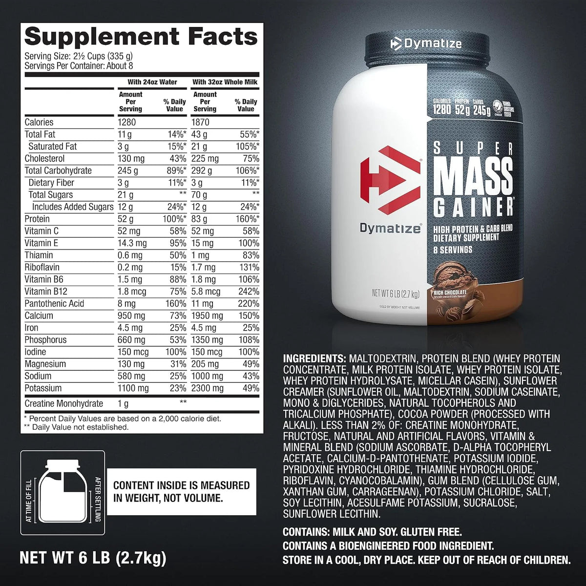 Dymatize Super Mass Gainer 52g Protein Powder, Rich Chocolate, 6 lb