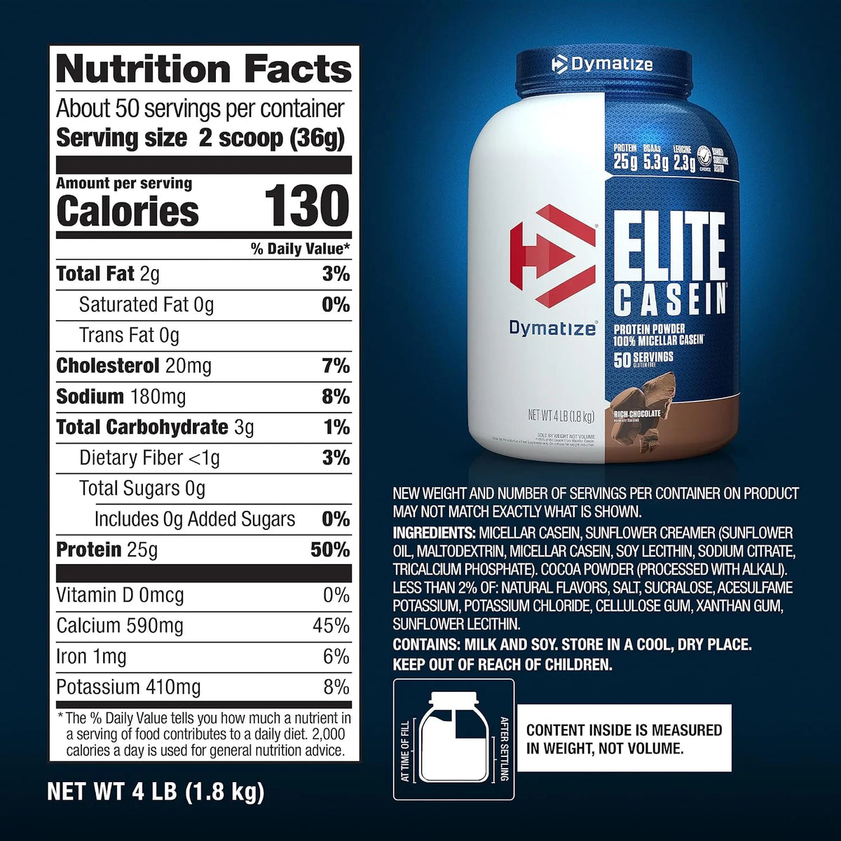Dymatize Elite Casein 25g Protein Powder, Cookies & Cream, 53 Servings