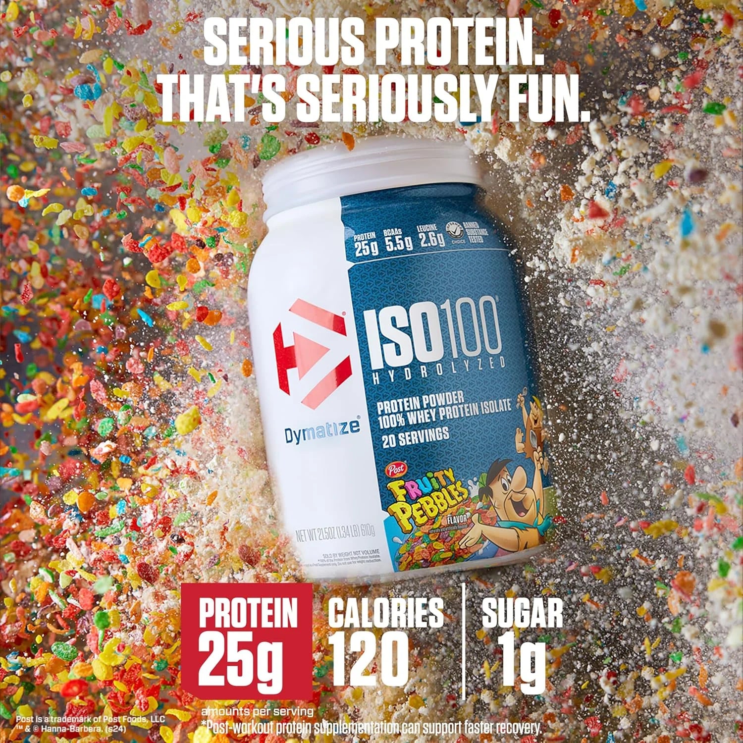 Dymatize x Fruity Pebbles ISO100 Whey Protein Powder Isolate, 25g of Protein, 20 Servings, 5.5g BCAAs, 120 Cal., Gluten Free, 1g Fat, 1g Sugar, 2g Carb (24 Servings) Secondary image