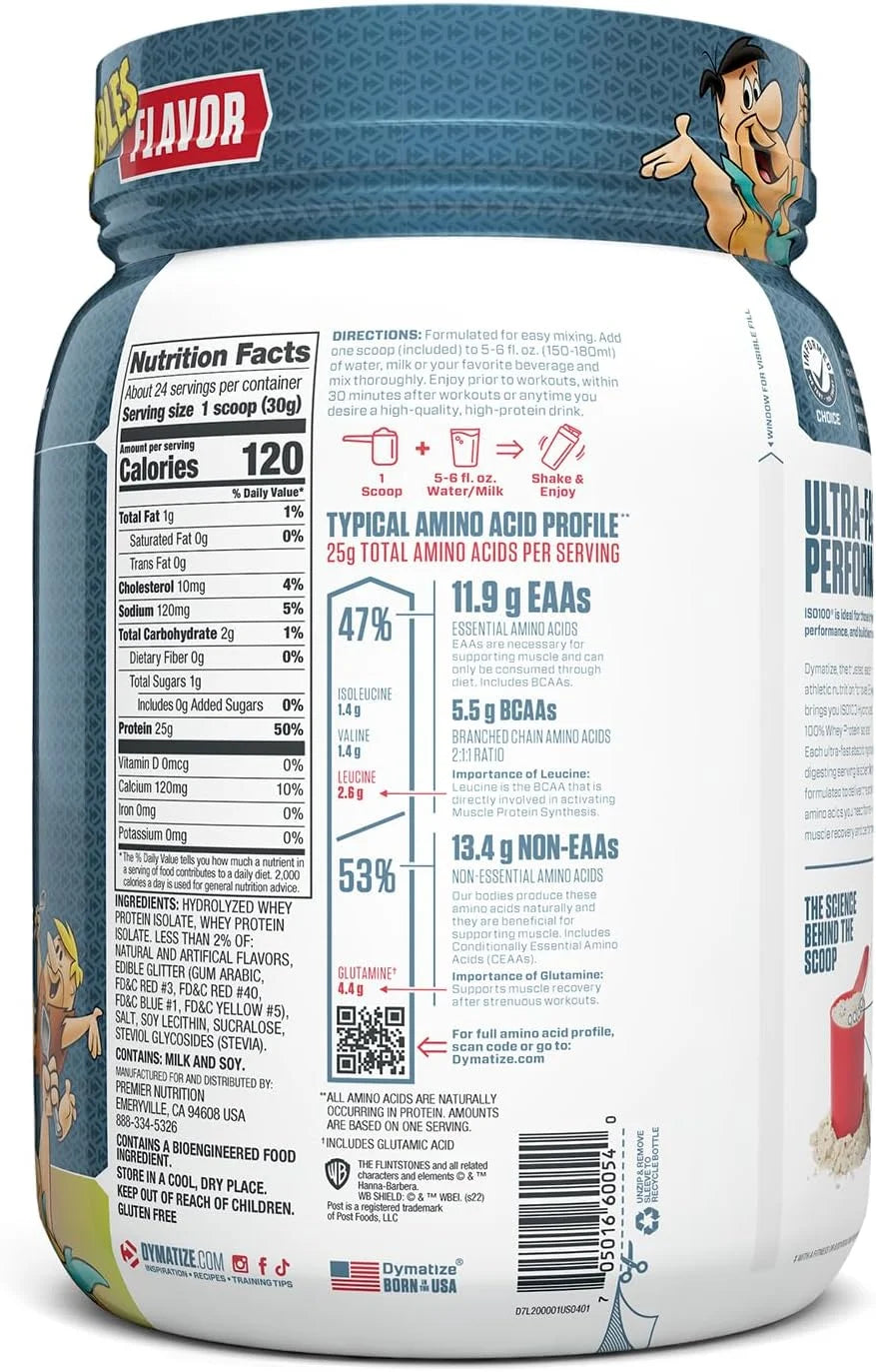 Dymatize x Fruity Pebbles ISO100 Whey Protein Powder Isolate, 25g of Protein, 20 Servings, 5.5g BCAAs, 120 Cal., Gluten Free, 1g Fat, 1g Sugar, 2g Carb (24 Servings)