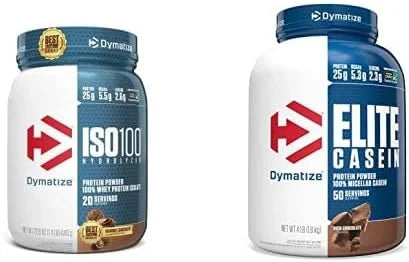 Dymatize ISO100 Hydrolyzed Protein Powder, 25g of 100% Whey Isolate Protein, Gourmet Chocolate, 20 Servings Elite Casein Protein Powder, 100% Micellar Casein, Rich Chocolate, 4 Pound Main image