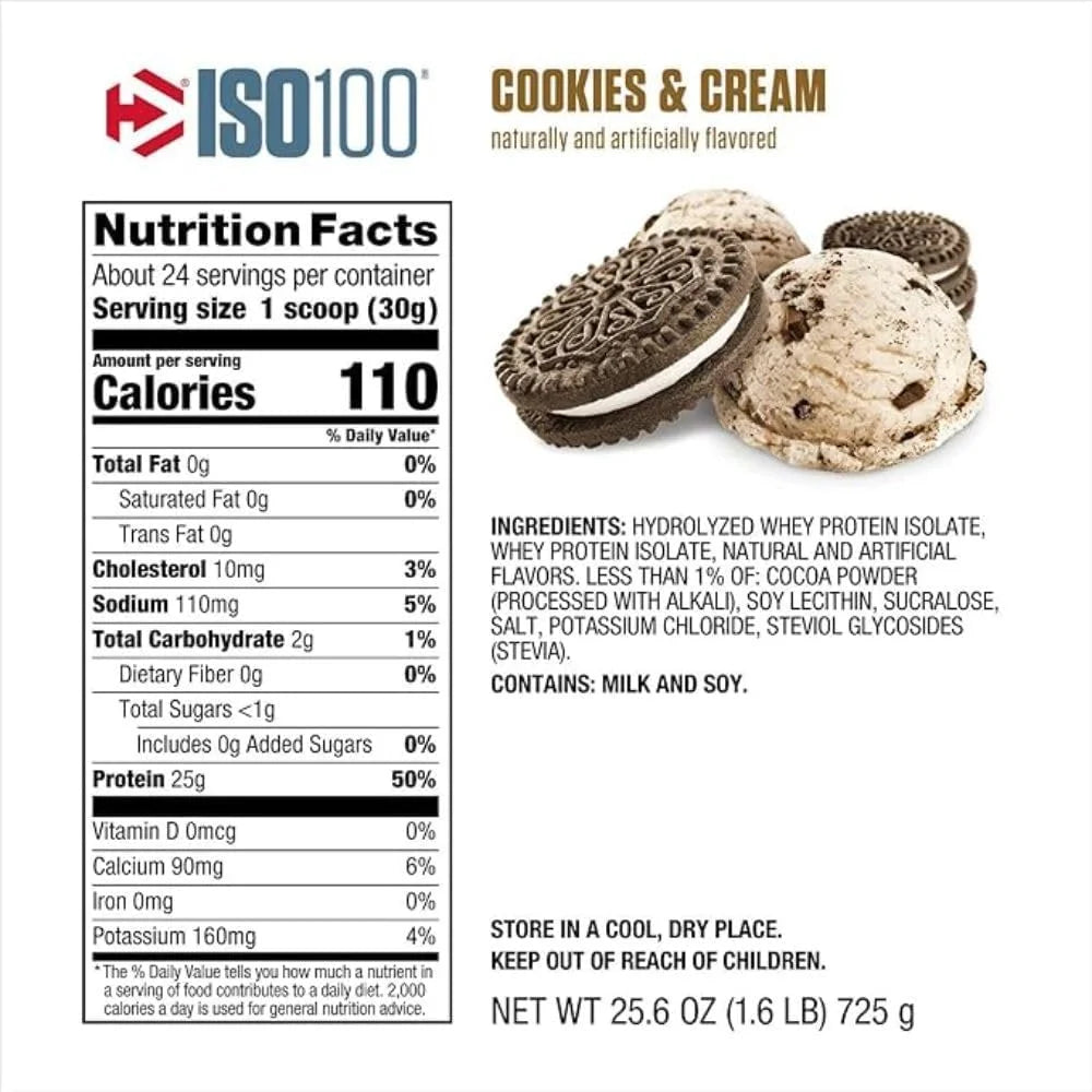 Dymatize ISO100 Hydrolyzed Protein Powder, 100% Whey Isolate Protein, 25g of Protein, 5.5g BCAAs, Gluten Free, Fast Absorbing, Easy Digesting, Cookies and Cream, 1.6 Pound Secondary image
