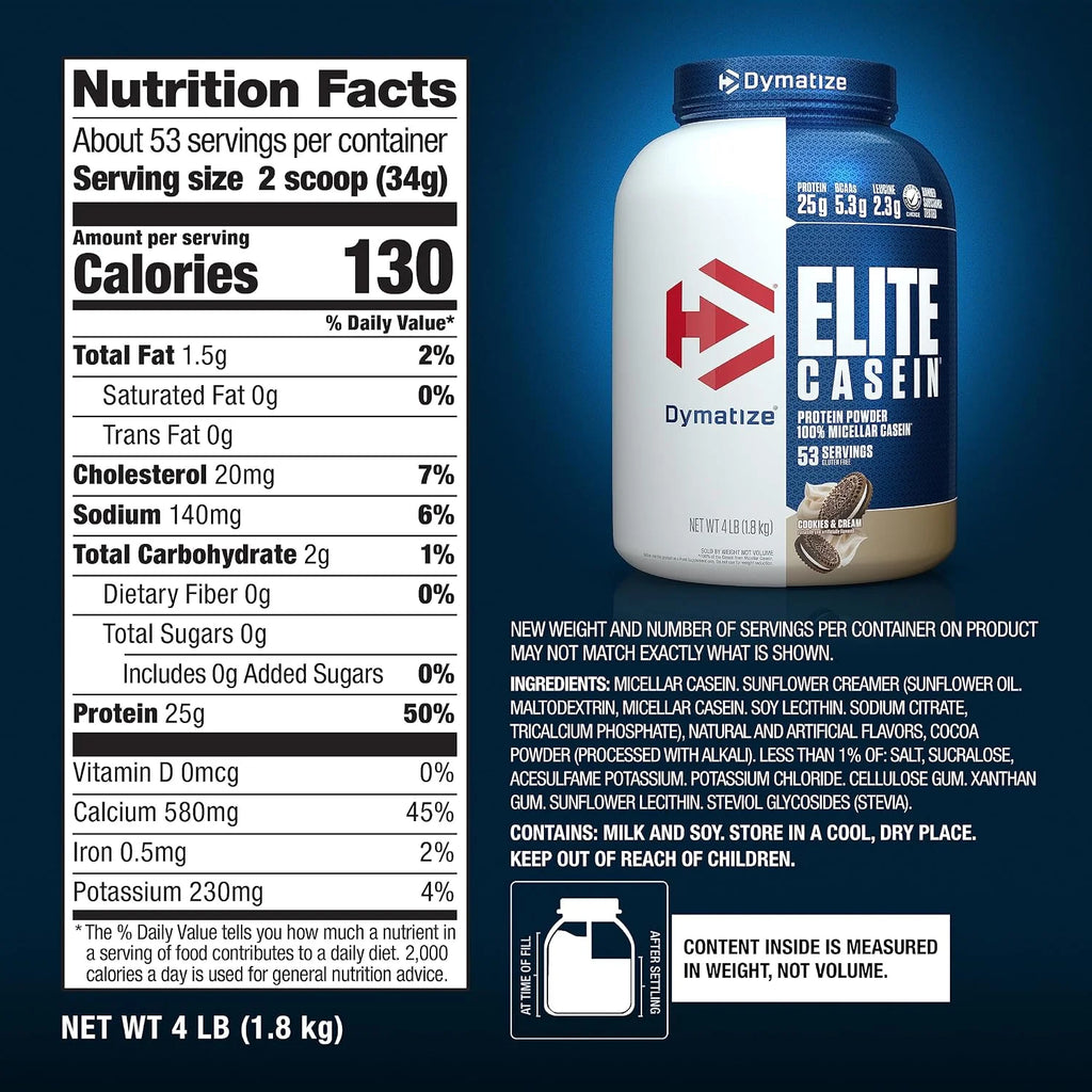Dymatize Elite Casein 25g Protein Powder, Cookies & Cream, 53 Servings