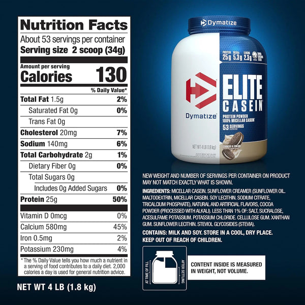 Dymatize Elite Casein 25g Protein Powder, Cookies & Cream, 53 Servings
